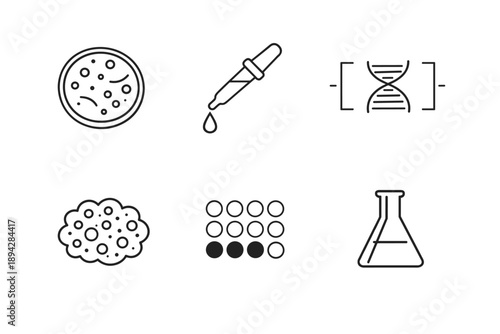Genetic Lab Icons. Line style icons of genetic and lab work: culture plate circle, pipette droplet, genome edit bracket, yeast