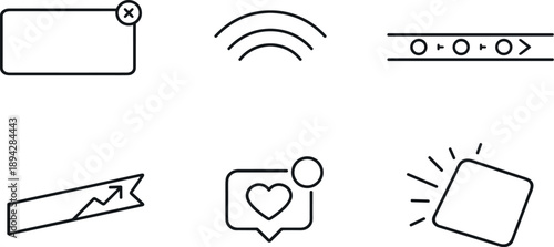 Interface Cue Icons. Line style icons of interface cues: pop-up notification frame, “just bought” pulse arc (без текста), activity