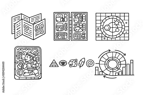 Ancient Iconography Illustration. Line style icons of codices and inscriptions: folded manuscripts outline, hieroglyphic panels,