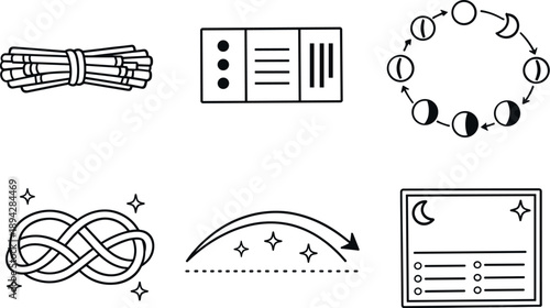 Astronomical Calculation Icons. Line style icons of astronomical calculations: count-stick bundle, numeric-dot-and-bar tile, cycle