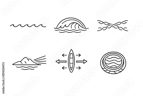 Wave and Swell Icons. Line style icons of wave and swell cues: ocean-swell line, reflected-wave arc, cross-swell pattern, island