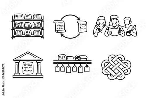 Archival Tradition Icons. Line style icons of archival tradition: stored tablets shelves, record-copy loop, scribal team outline,