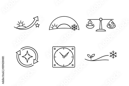 Cyclical Sky Icons. Line style icons of cyclical sky events: heliacal rising arrow, solstice marker arc, equinox balance bar,