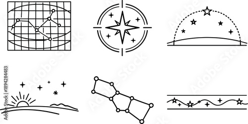 Line Style Star Maps. Line style icons of star maps: stellar pattern grid, guiding-star marker, zenith star arc, rising-position