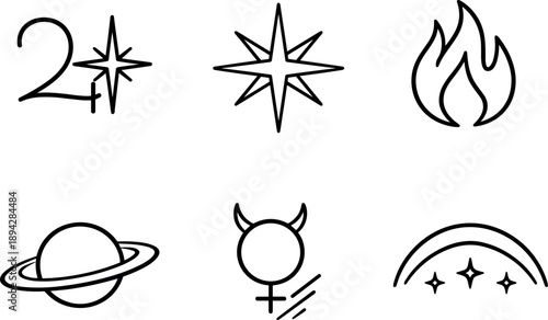 Planetary Symbol Icons. Line style icons of planetary symbolism: Jupiter star glyph, Venus eight-point symbol, Mars flame icon,