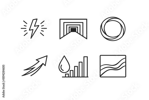 Psychological Icons. Line style icons of psychological components: willpower spark, focus tunnel outline, mental-resilience ring,