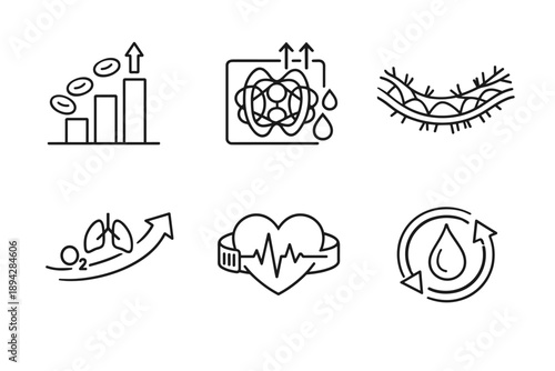 Blood Circulation Icons. Line style icons of blood and circulation changes: red blood cell rise bar, hemoglobin increase tile,