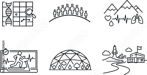Adaptation Research Icons. Line style icons of long-term adaptation research: genetic markers tile, population adaptation arc,