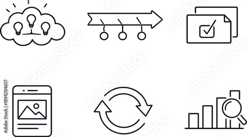 Problem-Solving Icons. Line style icons of problem-solving methods: brainstorming cloud, root-cause arrow, hypothesis tile,