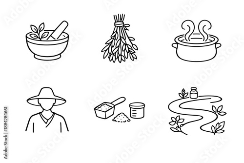 Traditional Herbal Icons. Line style icons of traditional use: herbal preparation bowl, drying bundle outline, decoction steam arc