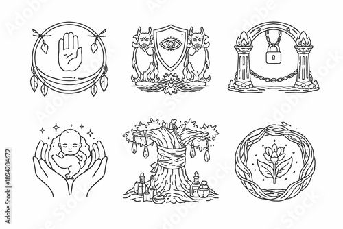 Line Style Custom Icons. Line style icons of protective customs: taboo boundary line, guardian symbol tile, access restriction arc