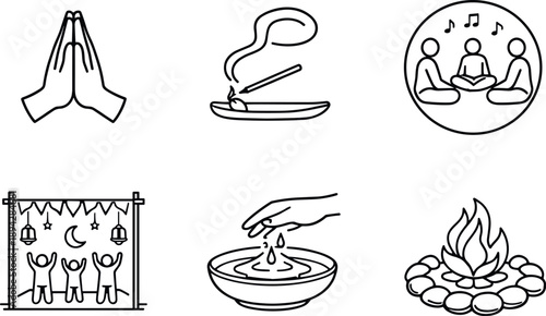 Ritual Icons Collection. Line style icons of rituals and practices: prayer gesture outline, incense smoke arc, chanting circle