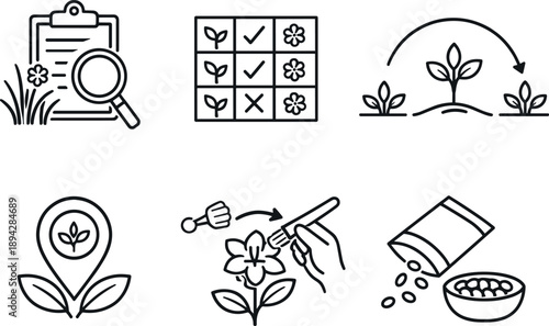 Traditional Agriculture Icons. Line style icons of traditional selection: field observation outline, trait comparison grid,
