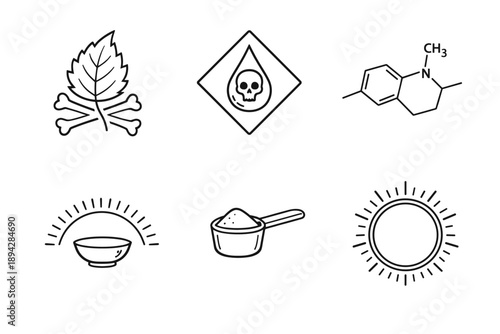 Toxic Plant Icons. Line style icons of toxic-plant basics: poisonous leaf outline, warning droplet tile, alkaloid molecule sketch,
