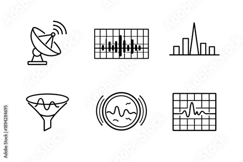 Detection and Analysis Icons. Line style icons of detection and analysis: radio dish outline, spectrogram tile, anomaly spike bar,