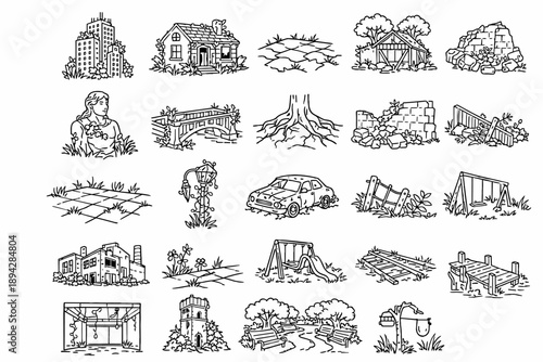 Nature Reclaims Ruins. Line style icons of nature reclaiming ruins: overgrown skyscraper, vines on abandoned house, cracked