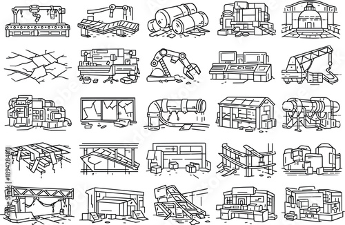 Abandoned Sci-Fi Factories. Line style icons of abandoned sci-fi factories: rusted assembly line, broken conveyor belt, toppled