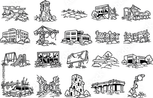 Nature Reclaims Urban Ruins. Line style icons of ruined cities in wilderness: overgrown highway, abandoned tower with vines,