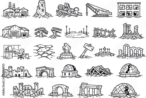Icons of Decay. Line style icons of temporary human achievements: abandoned factory, crumbling tower, broken machinery, toppled