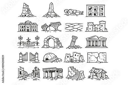 Ruins Line Icons. Line style icons of fleeting constructions: broken tower, crumbling monument, toppled statue, shattered windows,