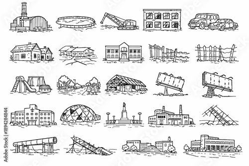 Chernobyl Abandonment Icons. Line style icons of Chernobyl-style tourism: abandoned reactor building, empty cooling pond, toppled