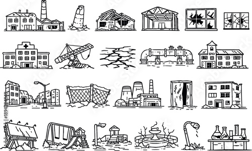Abandoned Zone Icons. Line style icons of exploring dangerous abandoned zones: derelict factory, broken smokestack, collapsed roof
