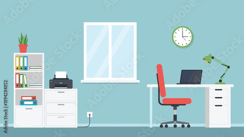 Clean and Organized Home Office Workspace with Desk Chair Laptop Printer and Bookshelf Against Blue Wall