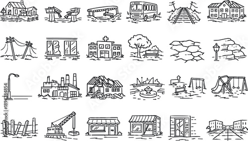 Post-Apocalyptic Exploration Icons. Line style icons of post-disaster exploration: abandoned village, broken bridge, rusted bus,