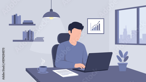 Male Freelancer Working Late at Desk with Laptop and Hot Coffee Under Warm Lamp Light in Dim Office