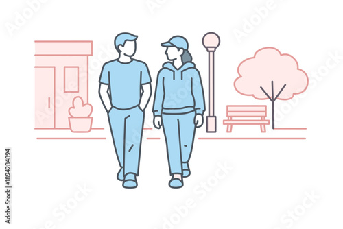 Peaceful Urban Stroll. Two friends stroll down a quiet urban block, keeping an easy pace and relaxed posture, minimalist flat line