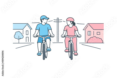 Peaceful Bicycle Ride. A couple cycles slowly through a calm residential street, moving at the same pace and staying close,