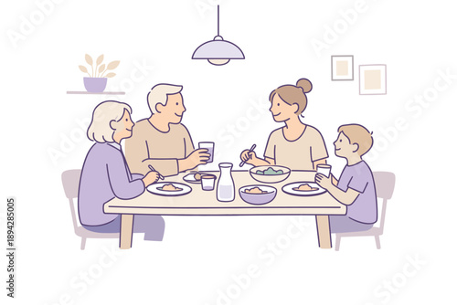 Cozy Family Dinner. Family members sitting around a dinner table during daily life, flat modern illustration of several figures