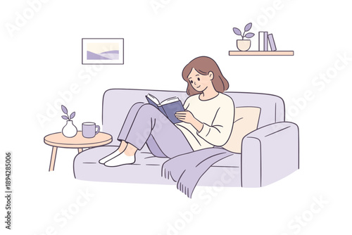 Cozy Reading Moment. A woman sitting on a sofa and reading during daily life, flat modern illustration of a single figure absorbed