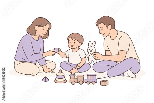 Family Playtime Joy. Parents spending quality playtime with their child, flat modern illustration of three figures interacting