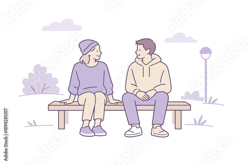 Scandinavian Park Chat. Friends sitting quietly on a bench in the park during daily life, flat modern illustration of two figures