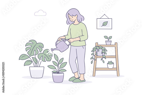 Plant Care Serenity. A woman standing near house plants while watering them, flat modern illustration of a single figure engaged