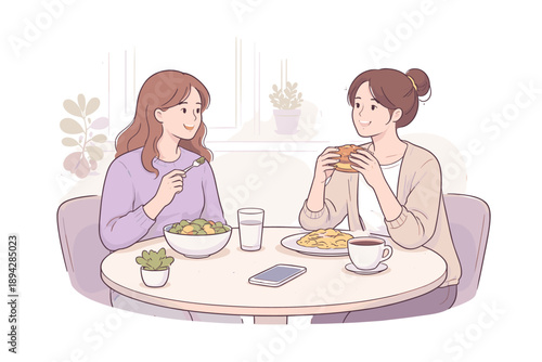 Cozy Lunch Break. Friends taking a midday lunch break together, flat modern illustration of two figures eating and chatting, clean
