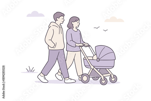 Strolling with Baby. Parents strolling outdoors with a baby stroller in a relaxed routine, flat modern illustration of two figures