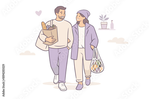 Cozy Grocery Outing. Two adults grocery shopping together in a relaxed setting, flat modern illustration of a couple walking with