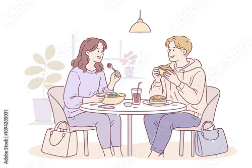Cozy Lunch Break. Friends taking a midday lunch break together, flat modern illustration of two figures eating and chatting, clean