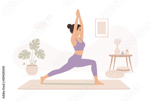 Cozy Home Yoga. A woman performing a yoga pose at home in a peaceful routine, flat modern illustration of a single figure centered