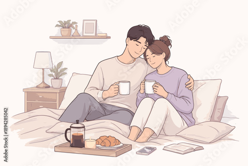Cozy Morning Together. A couple sharing a calm and lazy morning during the weekend, flat modern illustration of two figures