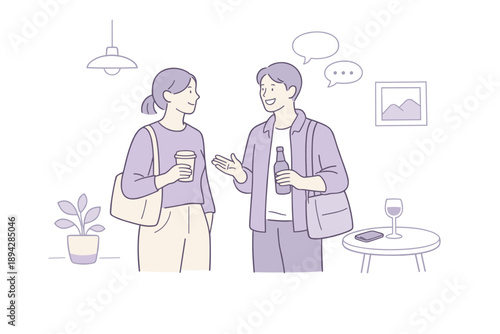 Cozy Pastel Conversation. Friends catching up together after finishing work, flat modern illustration of two figures standing and