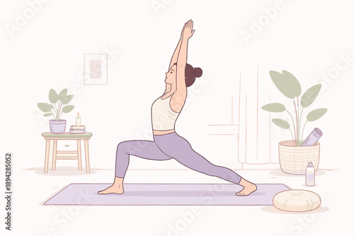 Cozy Home Yoga. A woman performing a yoga pose at home in a peaceful routine, flat modern illustration of a single figure centered