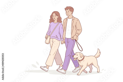 Scandinavian Couple Stroll. A couple strolling calmly while walking their dog, flat modern illustration of two figures and a dog