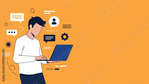 Professional Man Using Laptop with Floating Communication Setting and User Profile Icons on Orange Background