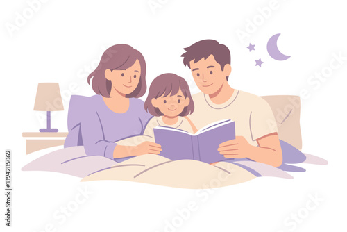 Cozy Bedtime Reading. A family enjoying a quiet bedtime reading routine together, flat modern illustration of parents and child