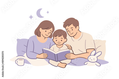 Cozy Bedtime Reading. A family enjoying a quiet bedtime reading routine together, flat modern illustration of parents and child