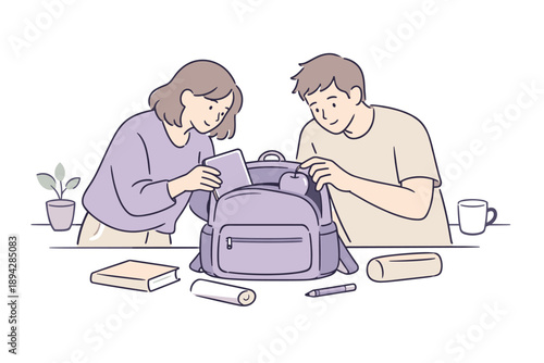 Packing School Backpack. A couple packing a school backpack together as part of a routine morning task, flat modern illustration