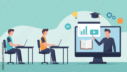 Students Attending Online Lecture Watching Instructor on Large Monitor with Educational Icons and Graphs